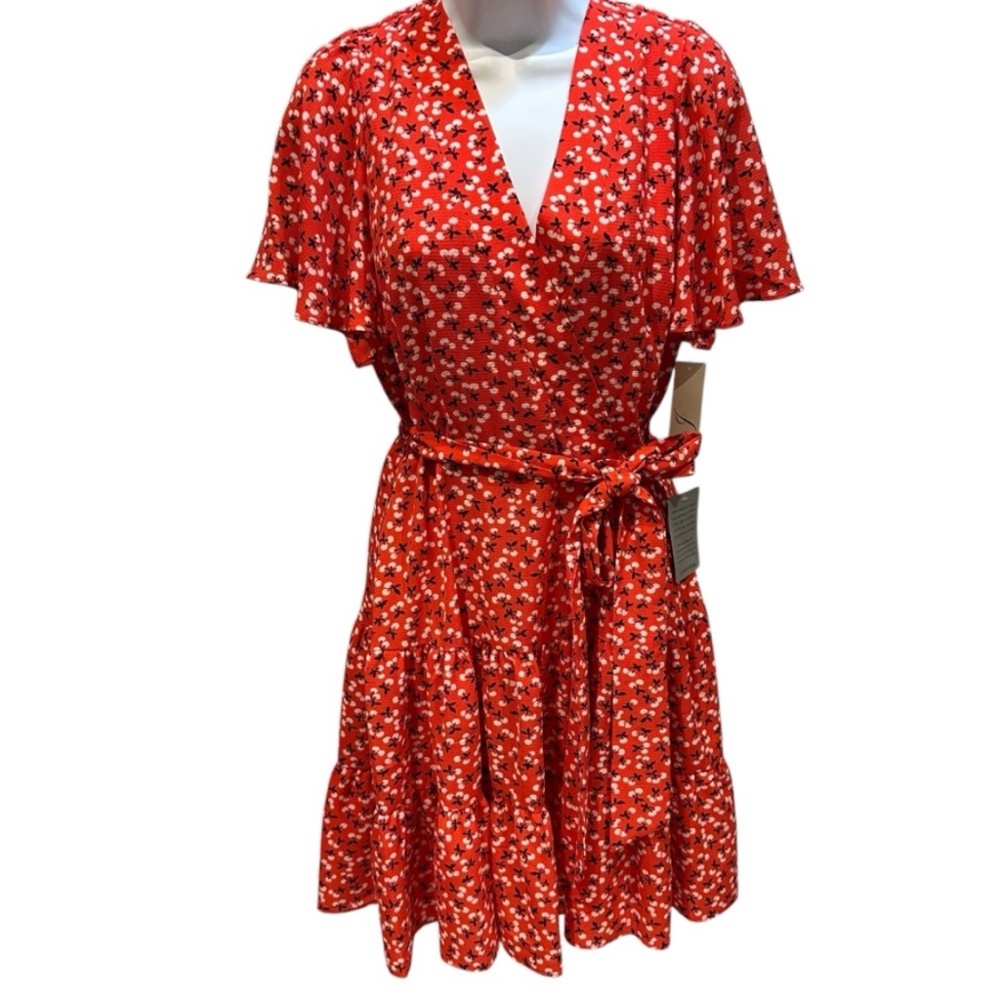 Eliza J Red Flutter Sleeve Faux Wrap Dress Cherries Size 10 New with Tags